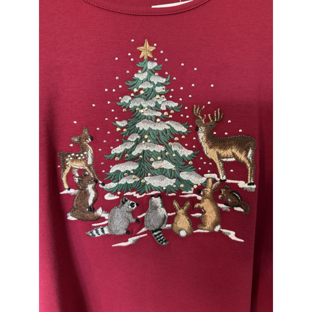 Quacker Factory - Holiday Forrest Animal Embroider 3/4 Sleeve Crew Neck Top - Picture 3 of 7